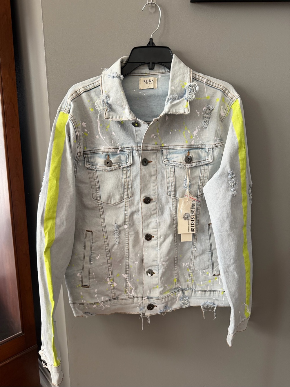 NWT. KDNK Light Wash Oversized Denim Jacket with Neon Yellow Stripe. Large
